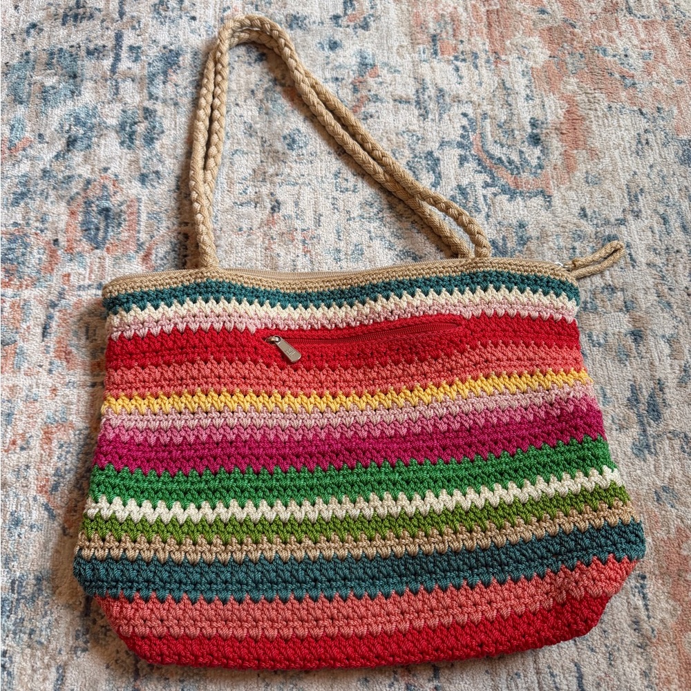 The Sak Multicolor Crochet Stripe Tote with Braided Handles